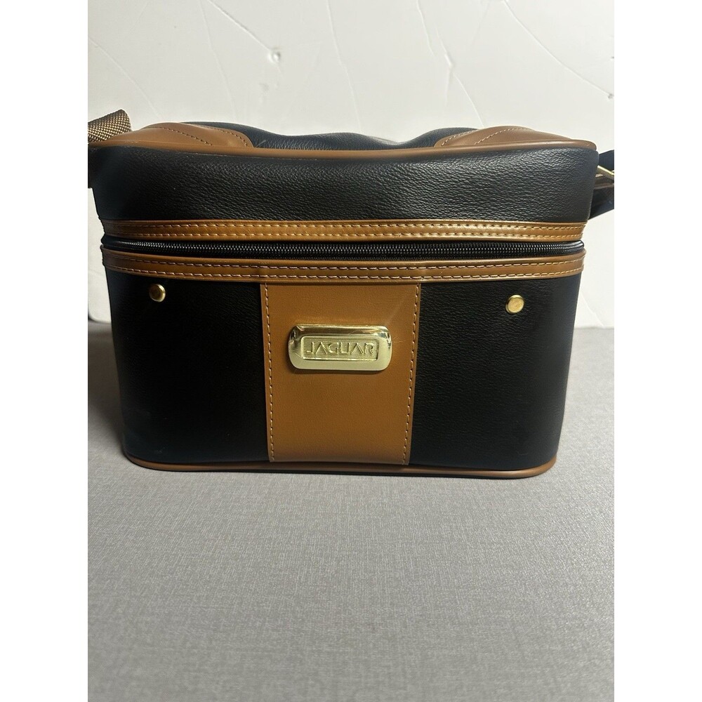 Vintage Jaguar Black And Brown Leather Trim Pockets Travel Bag W/ Mirror Inside